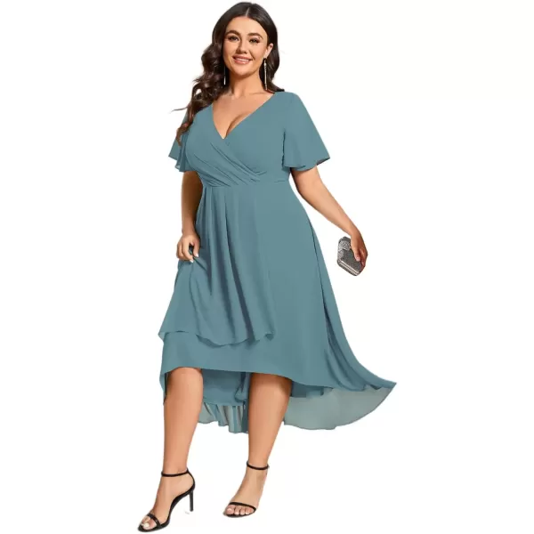 imageEverPretty Womens V Neck Pleated Plus Size Ruffle Sleeves Chiffon High Low Formal Wedding Guest Dresses 02084DAPHDusty Blue