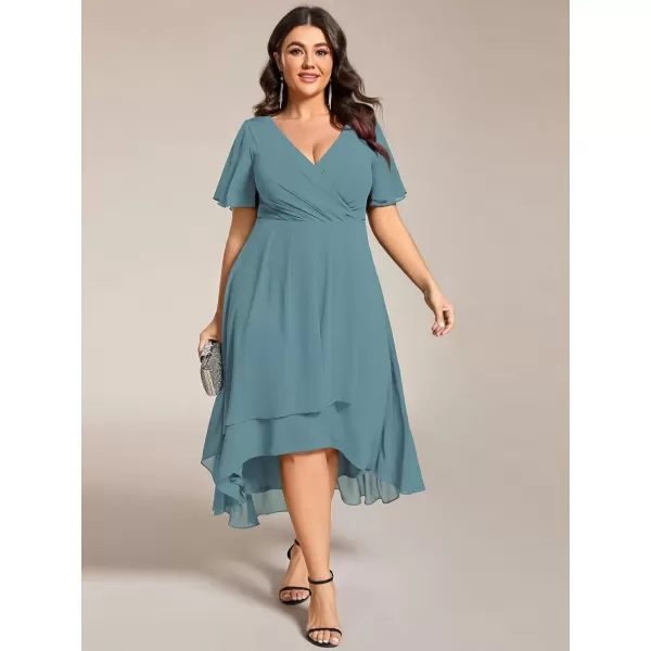 imageEverPretty Womens V Neck Pleated Plus Size Ruffle Sleeves Chiffon High Low Formal Wedding Guest Dresses 02084DAPHDusty Blue