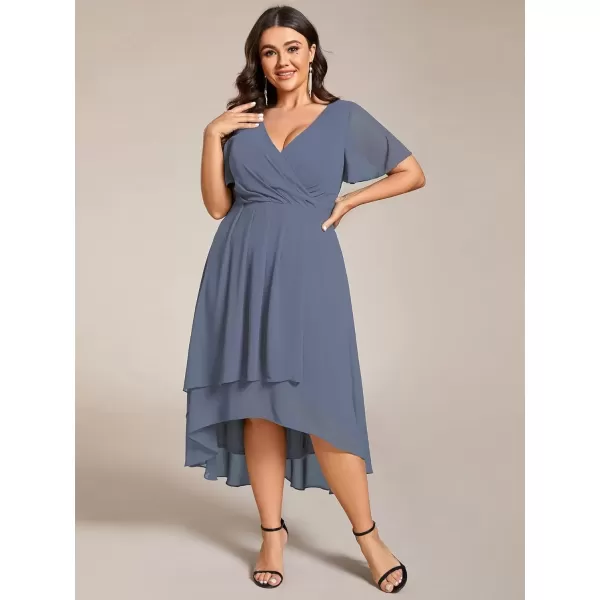 imageEverPretty Womens V Neck Pleated Plus Size Ruffle Sleeves Chiffon High Low Formal Wedding Guest Dresses 02084DAPHDusty Navy