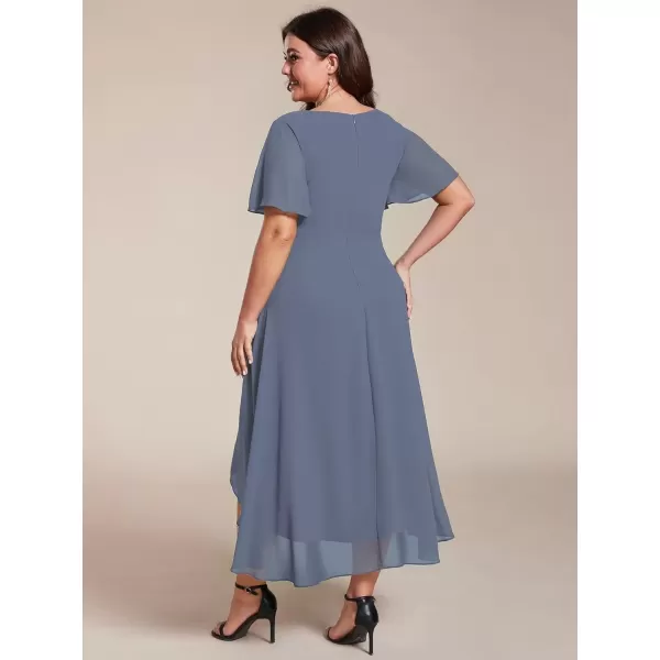 imageEverPretty Womens V Neck Pleated Plus Size Ruffle Sleeves Chiffon High Low Formal Wedding Guest Dresses 02084DAPHDusty Navy