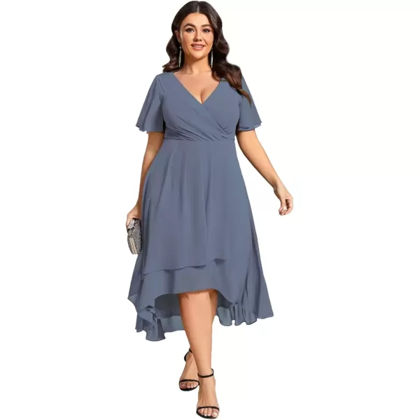 imageEverPretty Womens V Neck Pleated Plus Size Ruffle Sleeves Chiffon High Low Formal Wedding Guest Dresses 02084DAPHDusty Navy