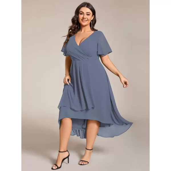 imageEverPretty Womens V Neck Pleated Plus Size Ruffle Sleeves Chiffon High Low Formal Wedding Guest Dresses 02084DAPHDusty Navy