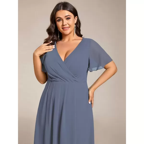 imageEverPretty Womens V Neck Pleated Plus Size Ruffle Sleeves Chiffon High Low Formal Wedding Guest Dresses 02084DAPHDusty Navy