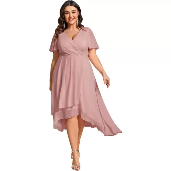 imageEverPretty Womens V Neck Pleated Plus Size Ruffle Sleeves Chiffon High Low Formal Wedding Guest Dresses 02084DAPHDusty Rose