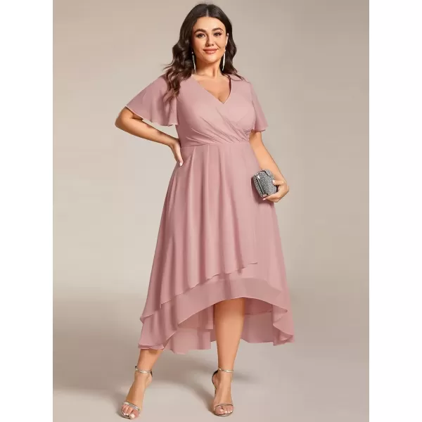 imageEverPretty Womens V Neck Pleated Plus Size Ruffle Sleeves Chiffon High Low Formal Wedding Guest Dresses 02084DAPHDusty Rose