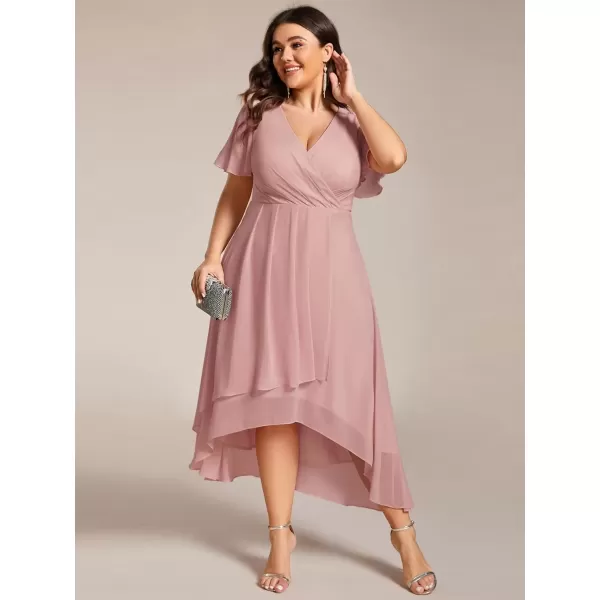 imageEverPretty Womens V Neck Pleated Plus Size Ruffle Sleeves Chiffon High Low Formal Wedding Guest Dresses 02084DAPHDusty Rose