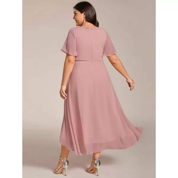 imageEverPretty Womens V Neck Pleated Plus Size Ruffle Sleeves Chiffon High Low Formal Wedding Guest Dresses 02084DAPHDusty Rose