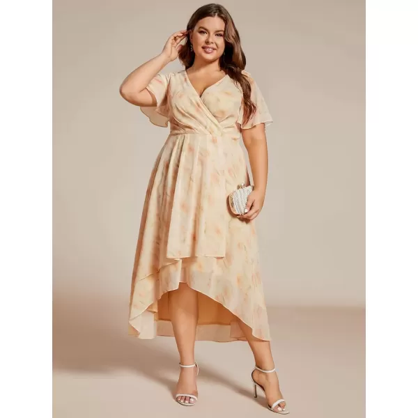 imageEverPretty Womens V Neck Pleated Plus Size Ruffle Sleeves Chiffon High Low Formal Wedding Guest Dresses 02084DAPHGolden Roses