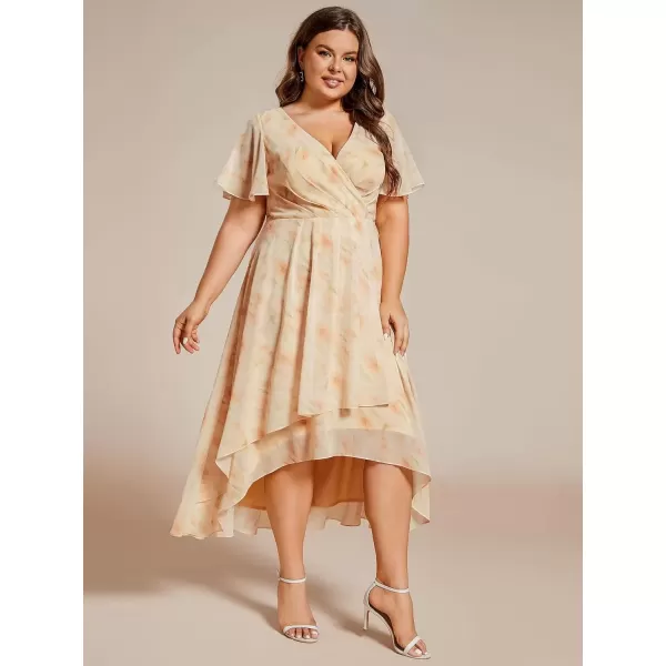 imageEverPretty Womens V Neck Pleated Plus Size Ruffle Sleeves Chiffon High Low Formal Wedding Guest Dresses 02084DAPHGolden Roses