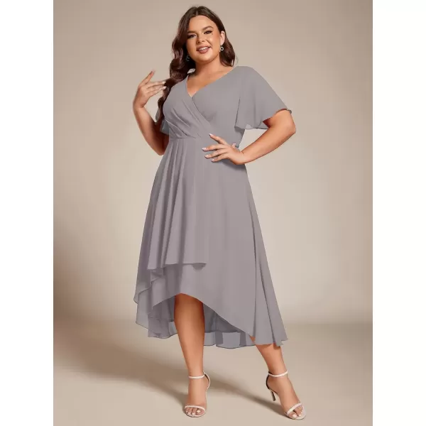 imageEverPretty Womens V Neck Pleated Plus Size Ruffle Sleeves Chiffon High Low Formal Wedding Guest Dresses 02084DAPHGrey