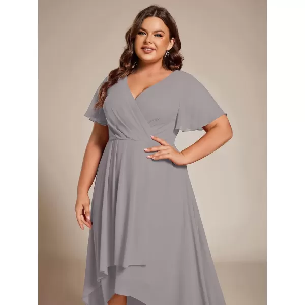 imageEverPretty Womens V Neck Pleated Plus Size Ruffle Sleeves Chiffon High Low Formal Wedding Guest Dresses 02084DAPHGrey