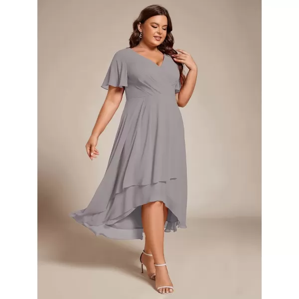 imageEverPretty Womens V Neck Pleated Plus Size Ruffle Sleeves Chiffon High Low Formal Wedding Guest Dresses 02084DAPHGrey