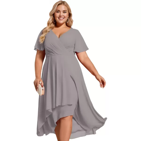 imageEverPretty Womens V Neck Pleated Plus Size Ruffle Sleeves Chiffon High Low Formal Wedding Guest Dresses 02084DAPHGrey