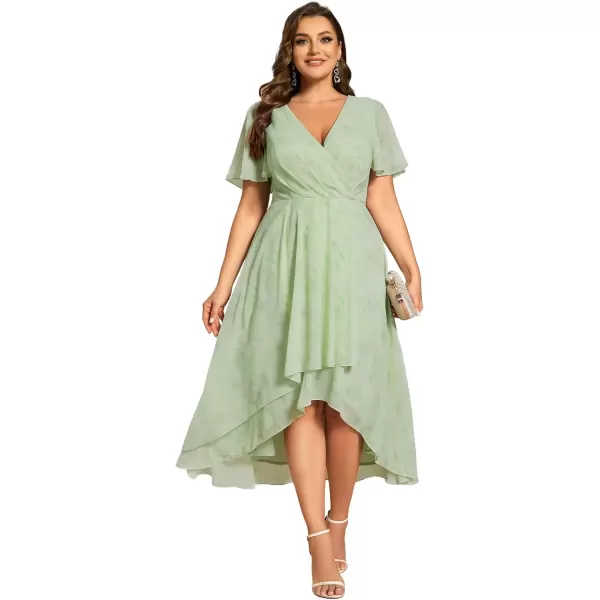 imageEverPretty Womens V Neck Pleated Plus Size Ruffle Sleeves Chiffon High Low Formal Wedding Guest Dresses 02084DAPHLight Green Roses