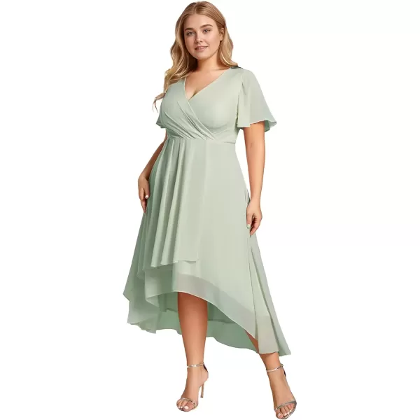 imageEverPretty Womens V Neck Pleated Plus Size Ruffle Sleeves Chiffon High Low Formal Wedding Guest Dresses 02084DAPHMint Green