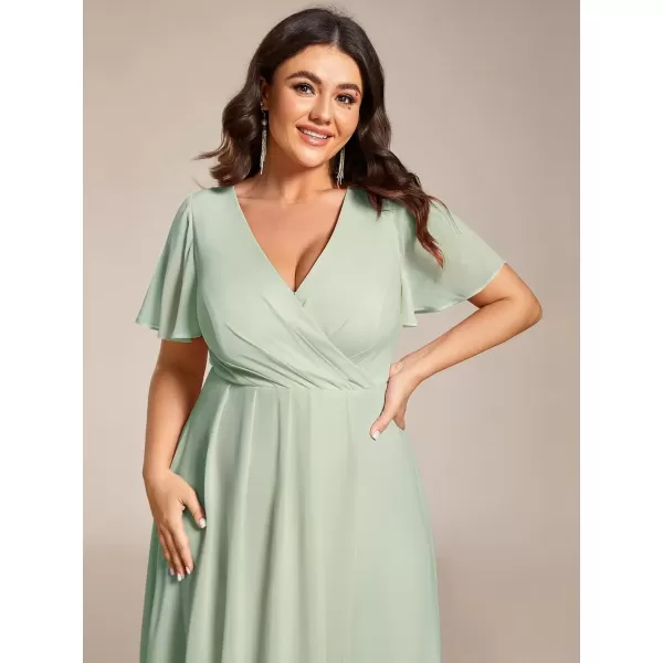 imageEverPretty Womens V Neck Pleated Plus Size Ruffle Sleeves Chiffon High Low Formal Wedding Guest Dresses 02084DAPHMint Green