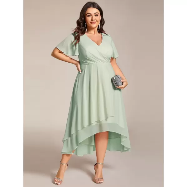 imageEverPretty Womens V Neck Pleated Plus Size Ruffle Sleeves Chiffon High Low Formal Wedding Guest Dresses 02084DAPHMint Green