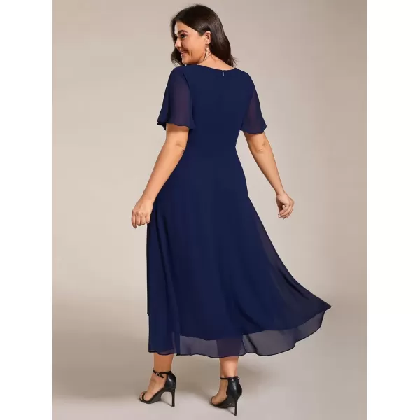 imageEverPretty Womens V Neck Pleated Plus Size Ruffle Sleeves Chiffon High Low Formal Wedding Guest Dresses 02084DAPHNavy Blue