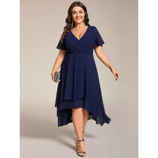 imageEverPretty Womens V Neck Pleated Plus Size Ruffle Sleeves Chiffon High Low Formal Wedding Guest Dresses 02084DAPHNavy Blue