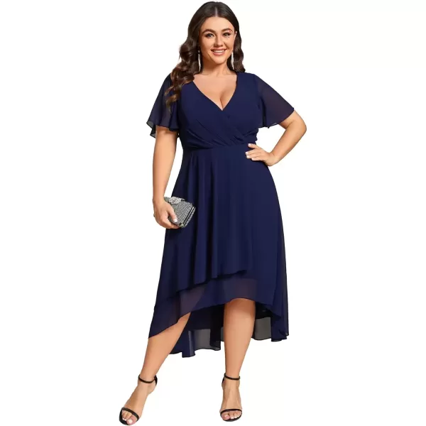 imageEverPretty Womens V Neck Pleated Plus Size Ruffle Sleeves Chiffon High Low Formal Wedding Guest Dresses 02084DAPHNavy Blue