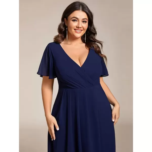 imageEverPretty Womens V Neck Pleated Plus Size Ruffle Sleeves Chiffon High Low Formal Wedding Guest Dresses 02084DAPHNavy Blue