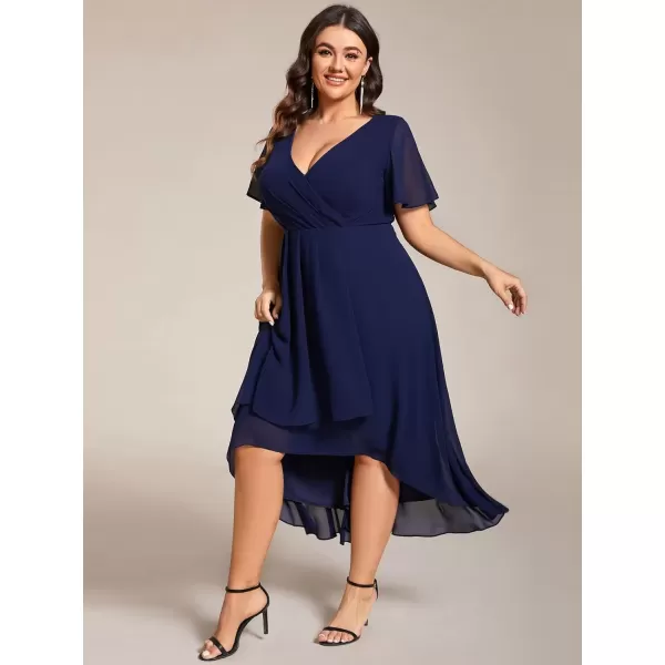 imageEverPretty Womens V Neck Pleated Plus Size Ruffle Sleeves Chiffon High Low Formal Wedding Guest Dresses 02084DAPHNavy Blue