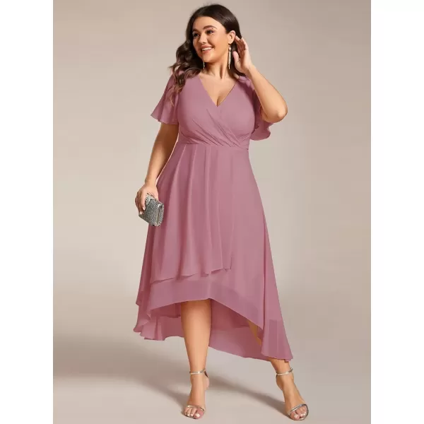 imageEverPretty Womens V Neck Pleated Plus Size Ruffle Sleeves Chiffon High Low Formal Wedding Guest Dresses 02084DAPHOrchid