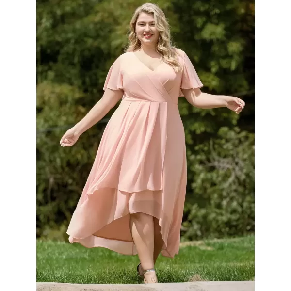 imageEverPretty Womens V Neck Pleated Plus Size Ruffle Sleeves Chiffon High Low Formal Wedding Guest Dresses 02084DAPHPink