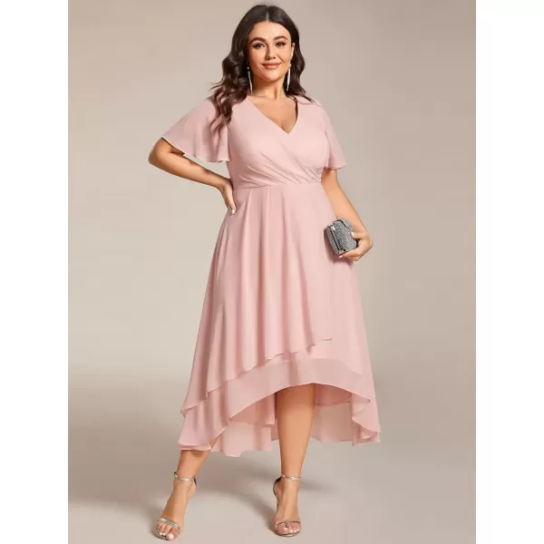 imageEverPretty Womens V Neck Pleated Plus Size Ruffle Sleeves Chiffon High Low Formal Wedding Guest Dresses 02084DAPHPink