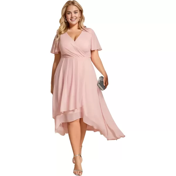 imageEverPretty Womens V Neck Pleated Plus Size Ruffle Sleeves Chiffon High Low Formal Wedding Guest Dresses 02084DAPHPink