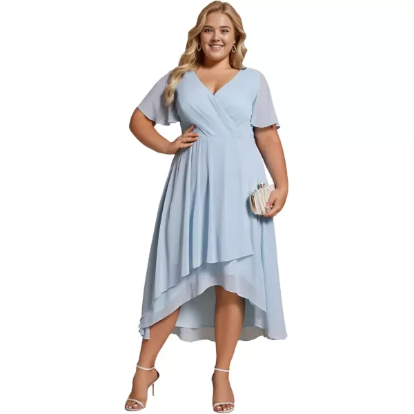 imageEverPretty Womens V Neck Pleated Plus Size Ruffle Sleeves Chiffon High Low Formal Wedding Guest Dresses 02084DAPHSky Blue