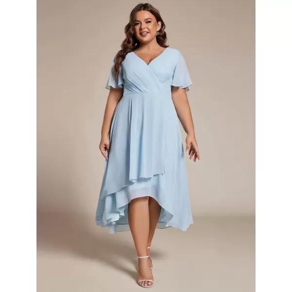 imageEverPretty Womens V Neck Pleated Plus Size Ruffle Sleeves Chiffon High Low Formal Wedding Guest Dresses 02084DAPHSky Blue