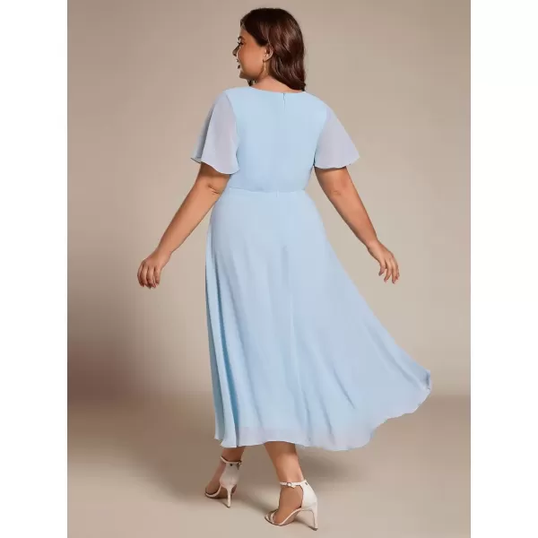 imageEverPretty Womens V Neck Pleated Plus Size Ruffle Sleeves Chiffon High Low Formal Wedding Guest Dresses 02084DAPHSky Blue