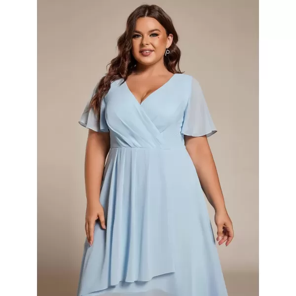 imageEverPretty Womens V Neck Pleated Plus Size Ruffle Sleeves Chiffon High Low Formal Wedding Guest Dresses 02084DAPHSky Blue