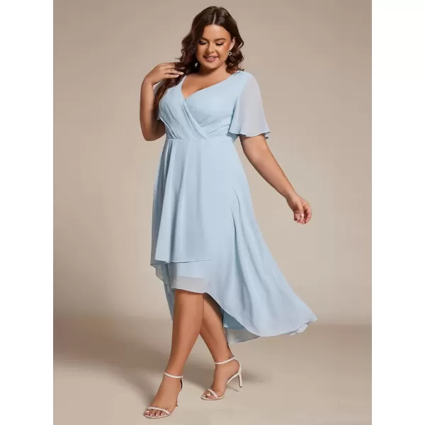 imageEverPretty Womens V Neck Pleated Plus Size Ruffle Sleeves Chiffon High Low Formal Wedding Guest Dresses 02084DAPHSky Blue