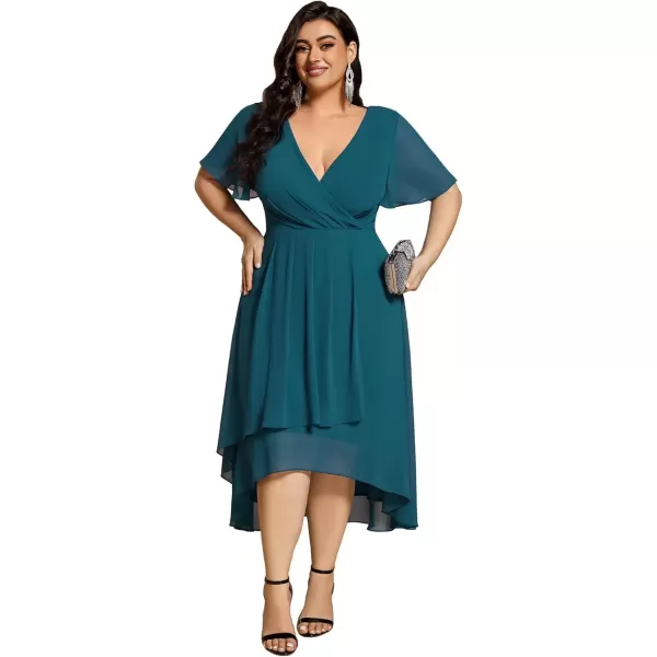 imageEverPretty Womens V Neck Pleated Plus Size Ruffle Sleeves Chiffon High Low Formal Wedding Guest Dresses 02084DAPHTeal