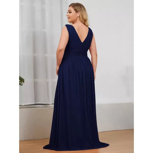 imageEverPretty V Neck Sleeveless Pleated Chiffon Maxi Plus Size Formal Dresses for Women Bridesmaid Dresses 09016DANavy Blue