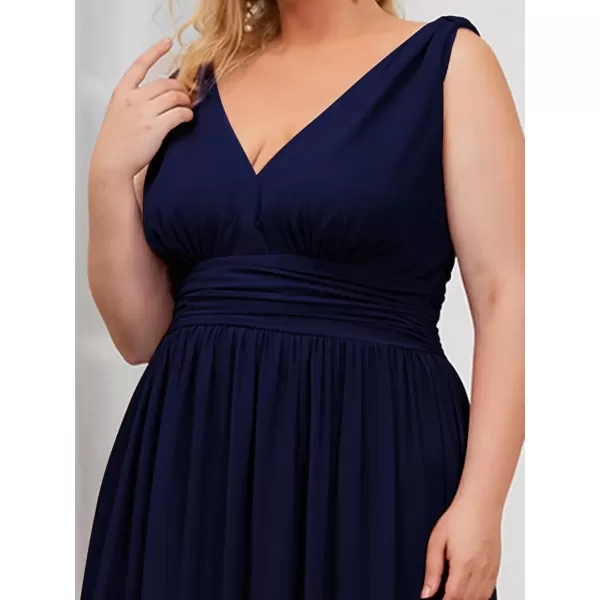 imageEverPretty V Neck Sleeveless Pleated Chiffon Maxi Plus Size Formal Dresses for Women Bridesmaid Dresses 09016DANavy Blue