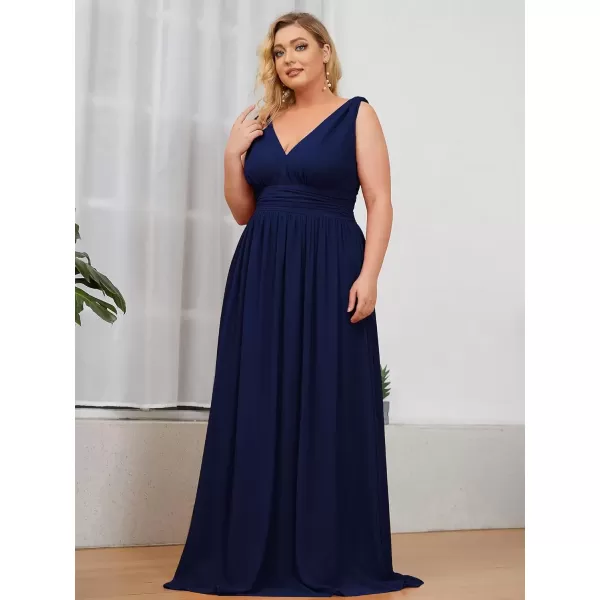 imageEverPretty V Neck Sleeveless Pleated Chiffon Maxi Plus Size Formal Dresses for Women Bridesmaid Dresses 09016DANavy Blue