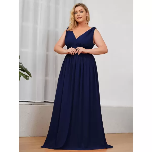 imageEverPretty V Neck Sleeveless Pleated Chiffon Maxi Plus Size Formal Dresses for Women Bridesmaid Dresses 09016DANavy Blue