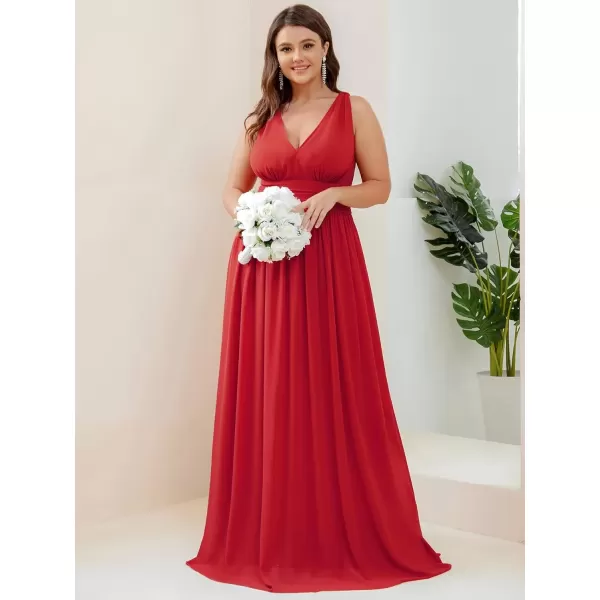 imageEverPretty V Neck Sleeveless Pleated Chiffon Maxi Plus Size Formal Dresses for Women Bridesmaid Dresses 09016DARed