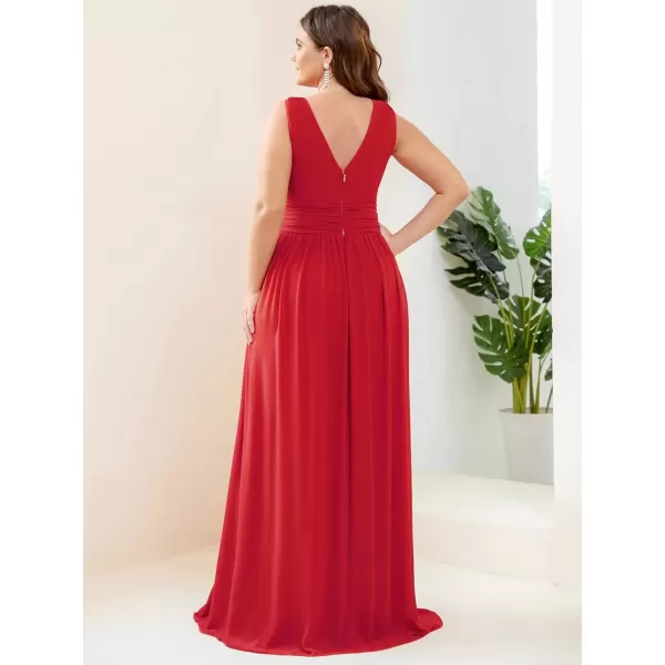 imageEverPretty V Neck Sleeveless Pleated Chiffon Maxi Plus Size Formal Dresses for Women Bridesmaid Dresses 09016DARed