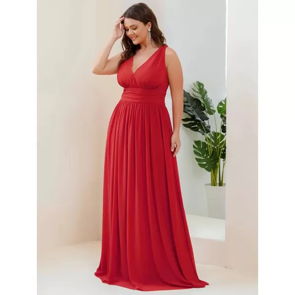 imageEverPretty V Neck Sleeveless Pleated Chiffon Maxi Plus Size Formal Dresses for Women Bridesmaid Dresses 09016DARed