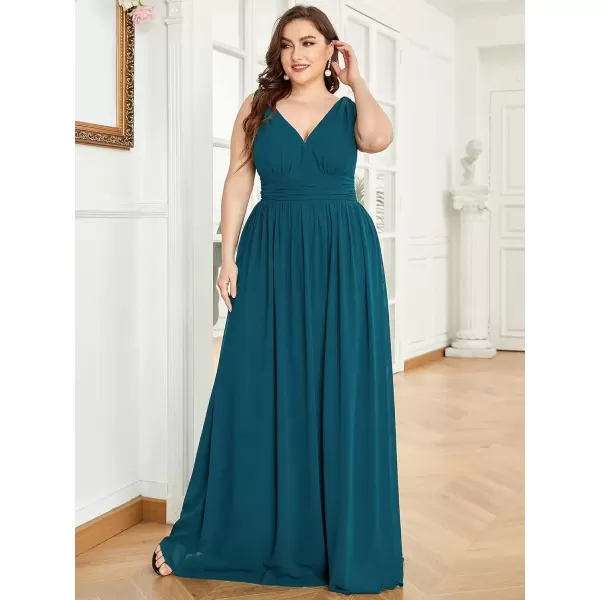 imageEverPretty V Neck Sleeveless Pleated Chiffon Maxi Plus Size Formal Dresses for Women Bridesmaid Dresses 09016DATeal