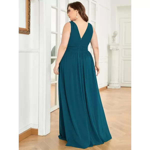 imageEverPretty V Neck Sleeveless Pleated Chiffon Maxi Plus Size Formal Dresses for Women Bridesmaid Dresses 09016DATeal