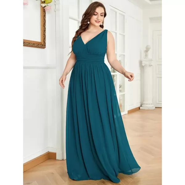 imageEverPretty V Neck Sleeveless Pleated Chiffon Maxi Plus Size Formal Dresses for Women Bridesmaid Dresses 09016DATeal