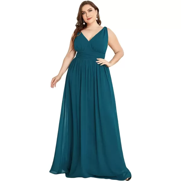 imageEverPretty V Neck Sleeveless Pleated Chiffon Maxi Plus Size Formal Dresses for Women Bridesmaid Dresses 09016DATeal