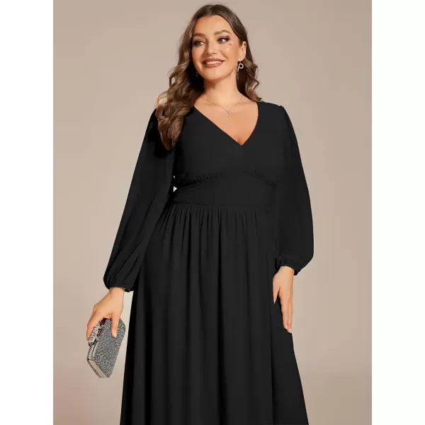 imageEverPretty Womens A Line V Neck Lantern Sleeves Midi Plus Size Formal Fresses for Curvy Women 01929DABlack