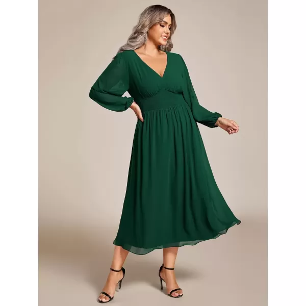 imageEverPretty Womens A Line V Neck Lantern Sleeves Midi Plus Size Formal Fresses for Curvy Women 01929DADeep Green