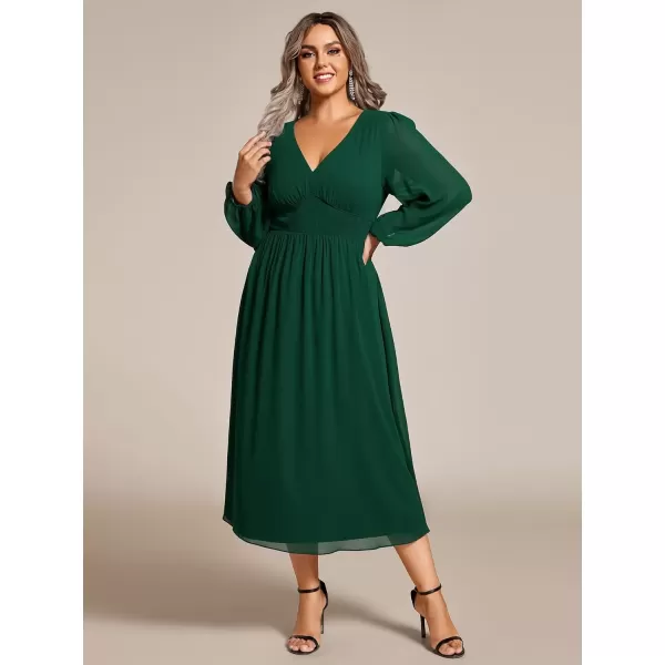 imageEverPretty Womens A Line V Neck Lantern Sleeves Midi Plus Size Formal Fresses for Curvy Women 01929DADeep Green